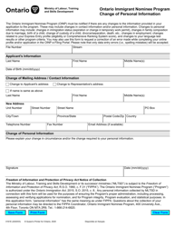 Form 0161E &quot;Ontario Immigrant Nominee Program Change of Personal Information&quot; - Ontario, Canada