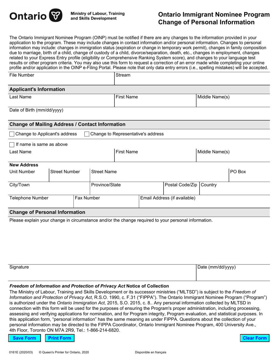 Form 0161E Ontario Immigrant Nominee Program Change of Personal Information - Ontario, Canada, Page 1