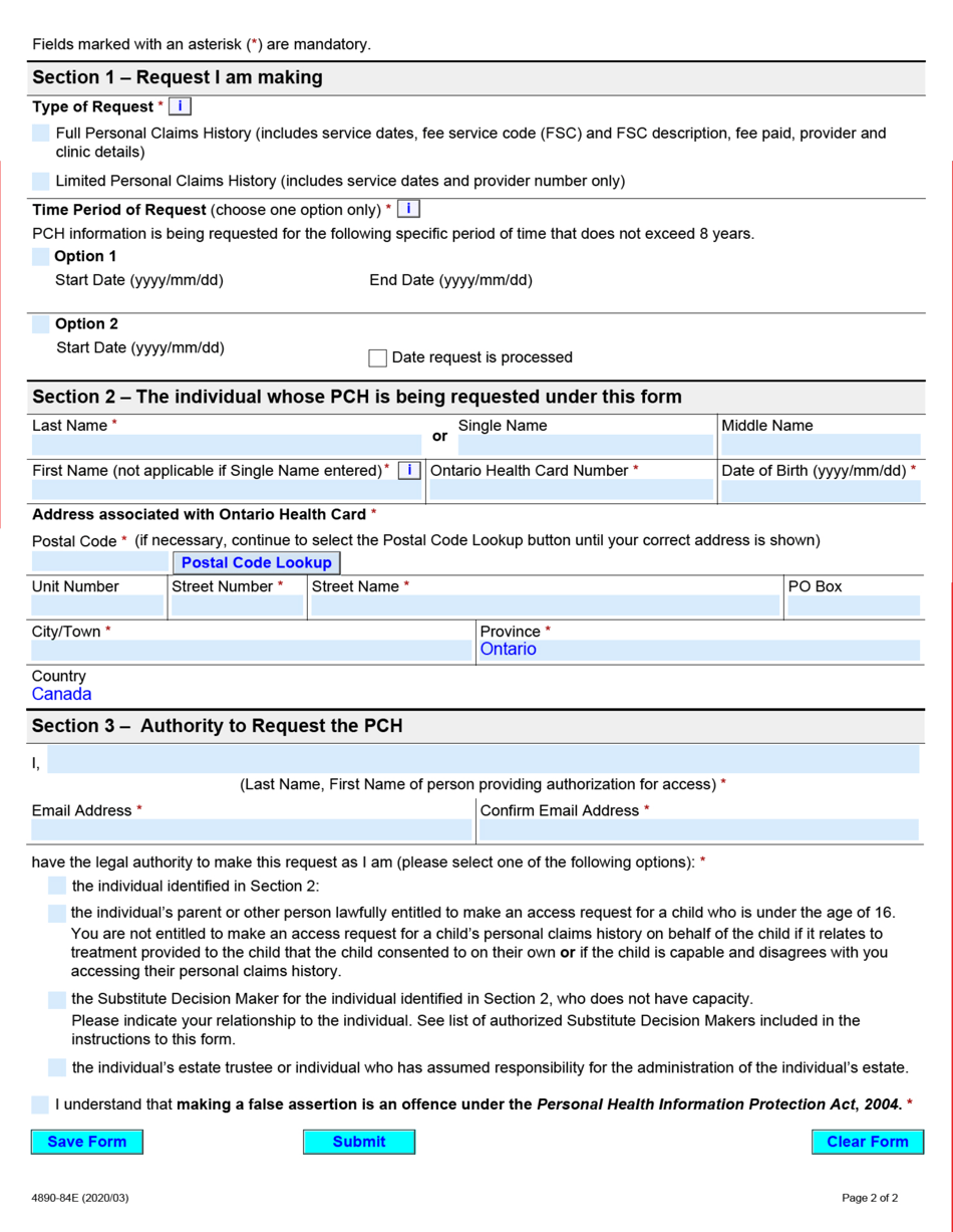 Form 4890-84E Request for Access to Personal Claims History (Pch) Information by Individual or Individuals Substitute Decision Maker - Ontario, Canada, Page 2
