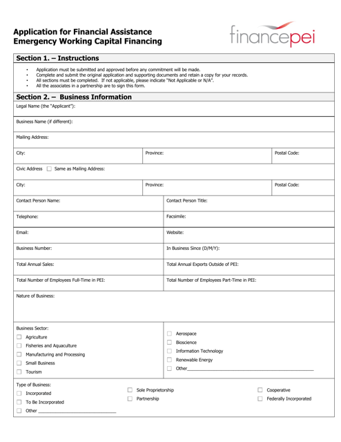 Application for Financial Assistance Emergency Working Capital Financing - Prince Edward Island, Canada Download Pdf