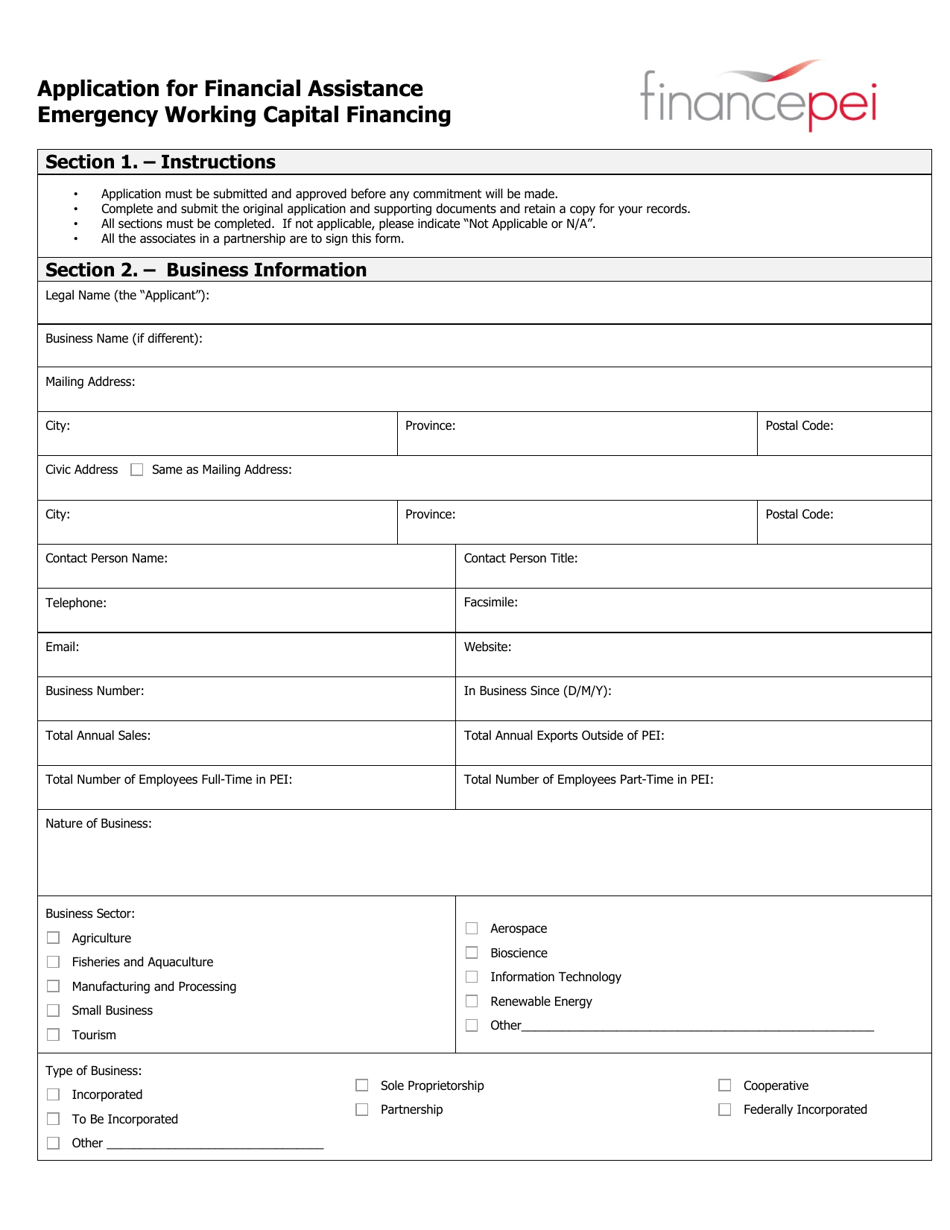 Application for Financial Assistance Emergency Working Capital Financing - Prince Edward Island, Canada, Page 1