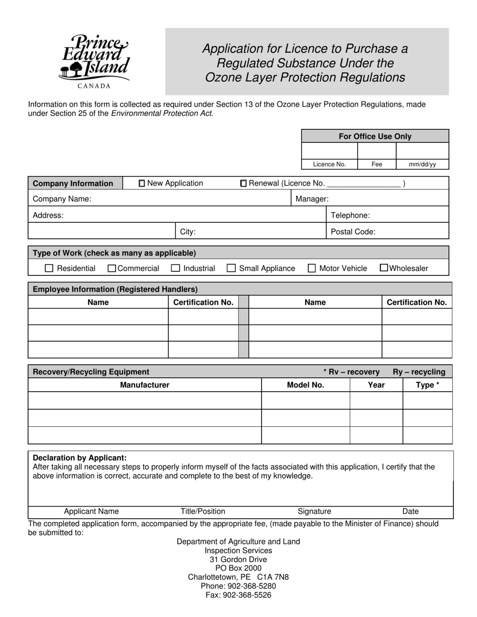 Prince Edward Island Canada Application For Licence To Purchase A Regulated Substance Under The Ozone Layer Protection Regulations Download Fillable Pdf Templateroller