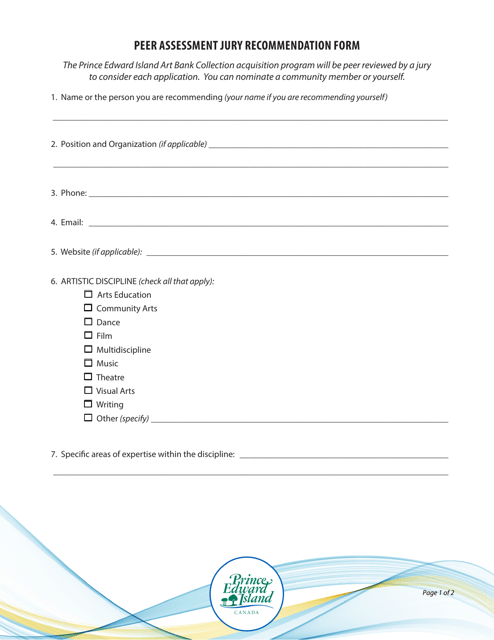 Peer Assessment Jury Recommendation Form - Prince Edward Island, Canada Download Pdf
