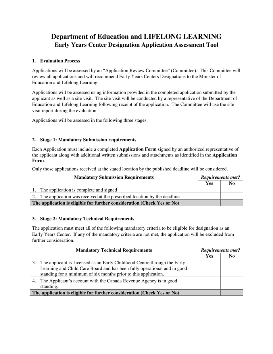 Early Years Center Designation Application Assessment Tool - Prince Edward Island, Canada, Page 1