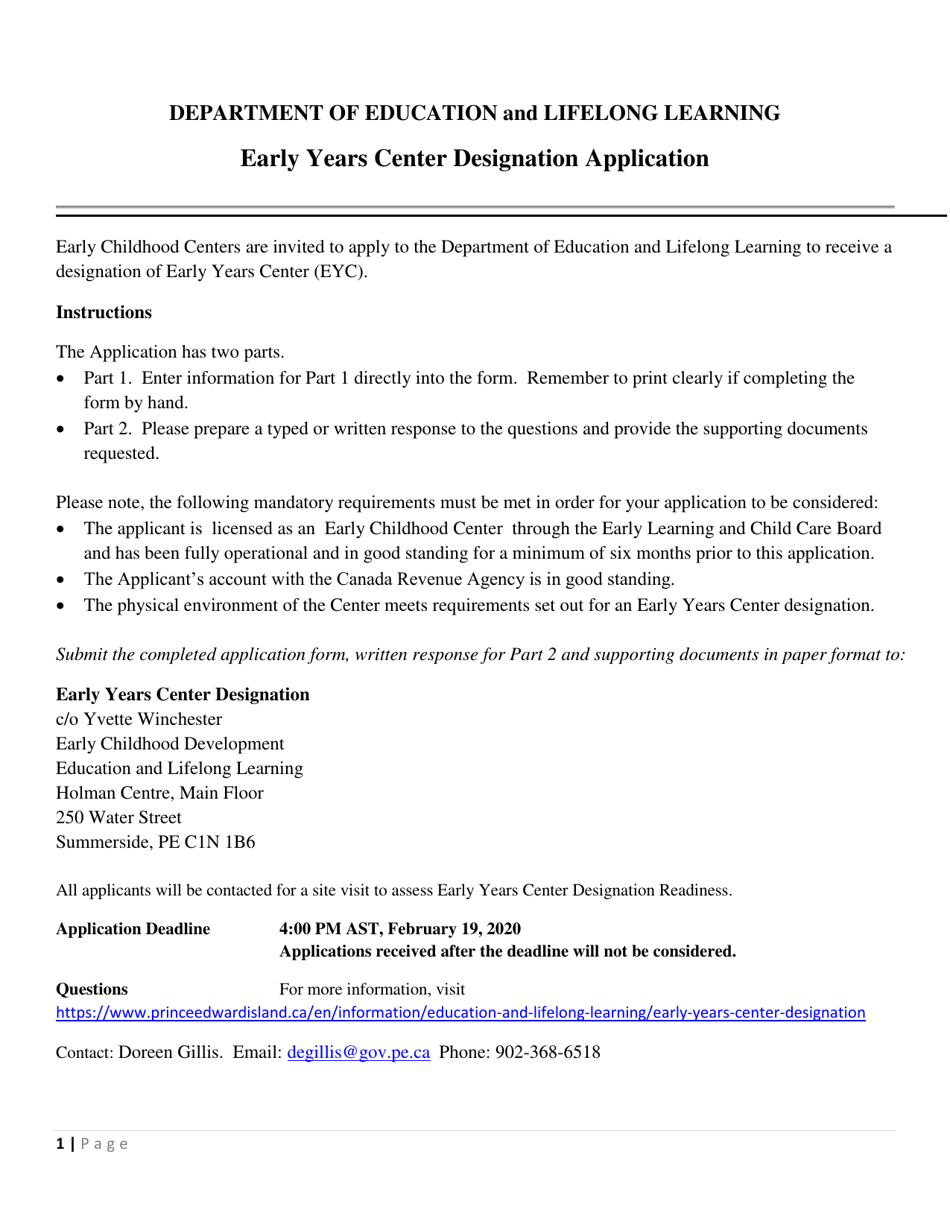 Early Years Center Designation Application - Prince Edward Island, Canada, Page 1