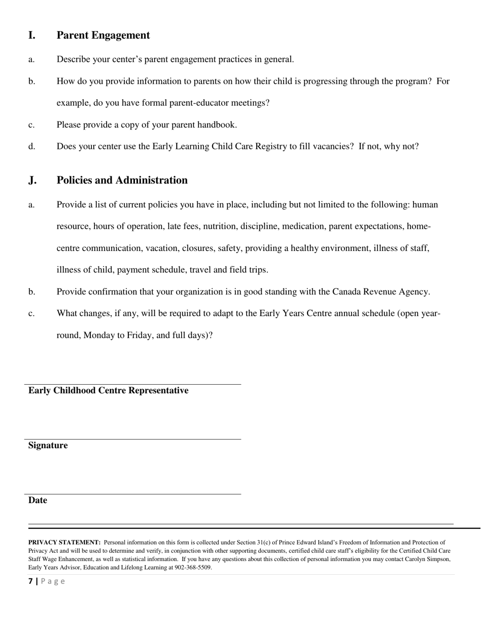 Early Years Center Designation Application - Prince Edward Island, Canada, Page 7