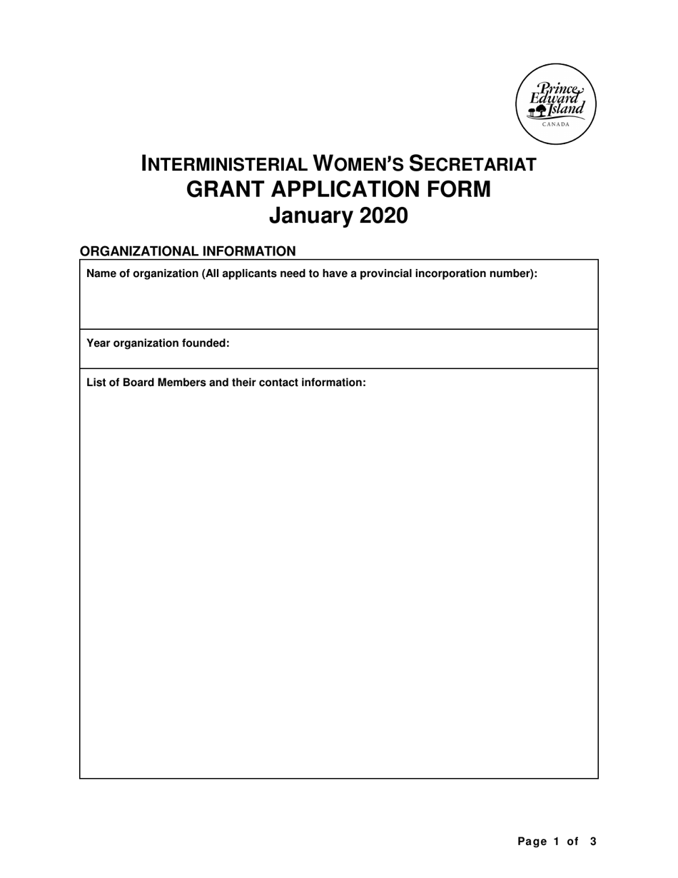 Interministerial Womens Secretariat Grant Application Form - Prince Edward Island, Canada, Page 1