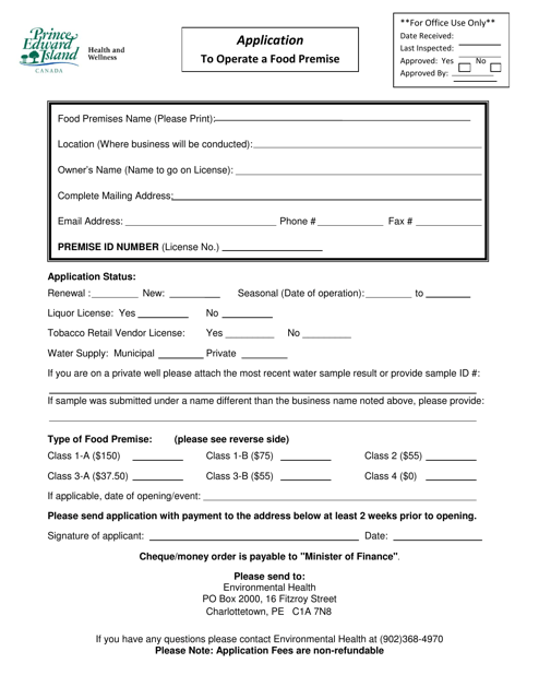 Application to Operate a Food Premise - Prince Edward Island, Canada Download Pdf