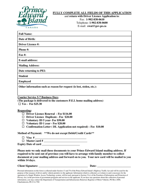 Client Information Form for Drivers Licence Application - Prince Edward Island, Canada