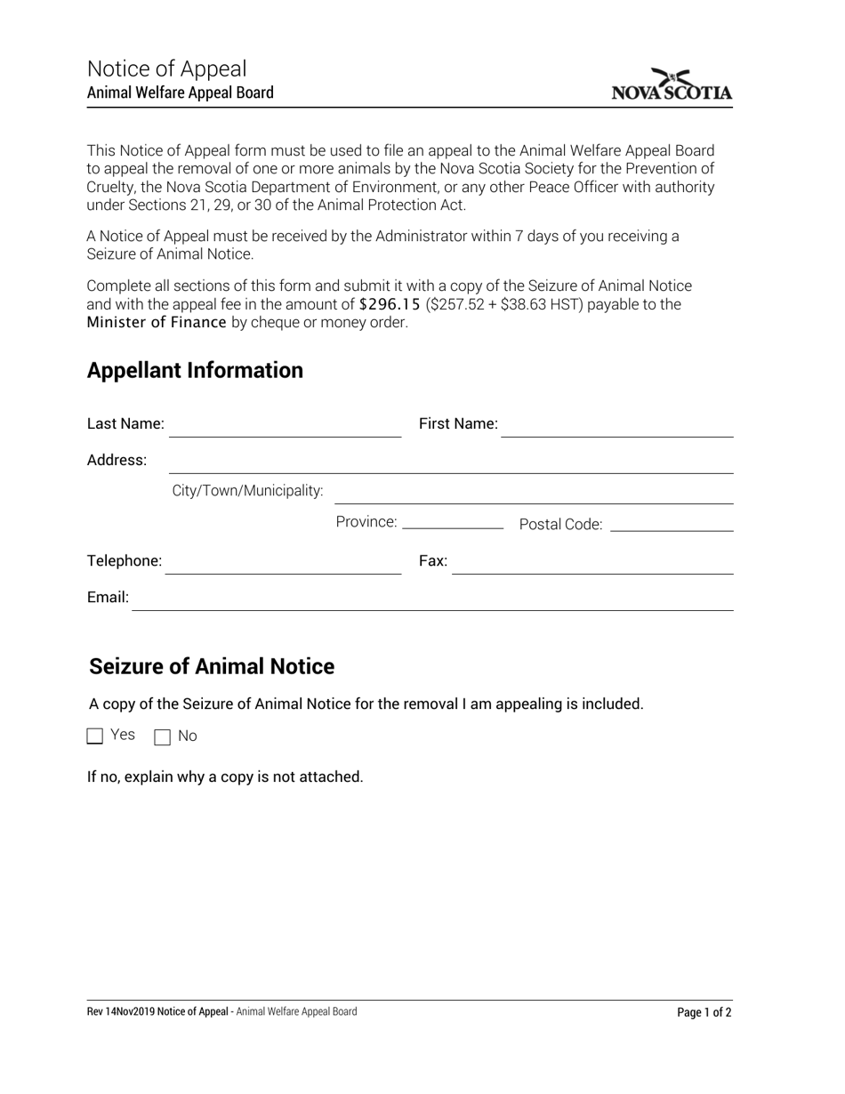 Notice of Appeal - Nova Scotia, Canada, Page 1