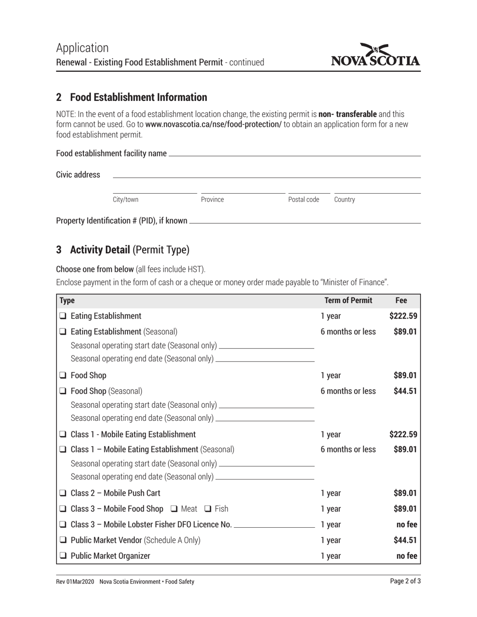 Renewal - Existing Food Establishment Permit Application - Nova Scotia, Canada, Page 2