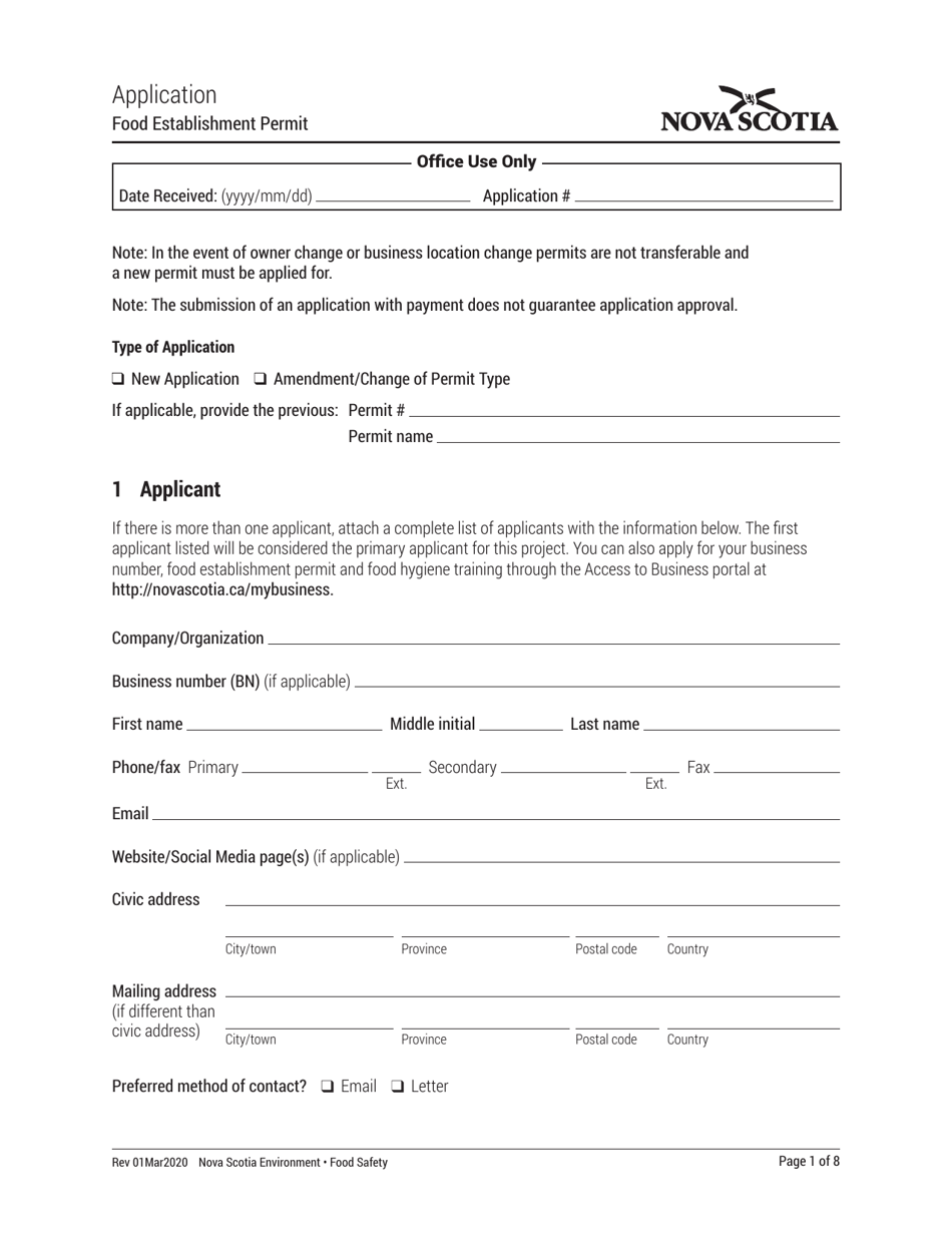 Food Establishment Permit Application - Nova Scotia, Canada, Page 1