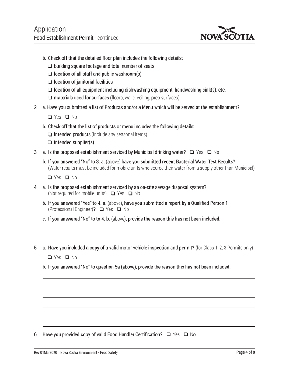 Food Establishment Permit Application - Nova Scotia, Canada, Page 4
