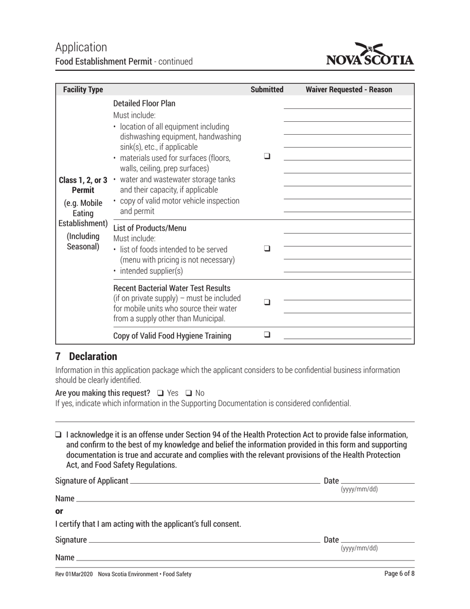 Food Establishment Permit Application - Nova Scotia, Canada, Page 6