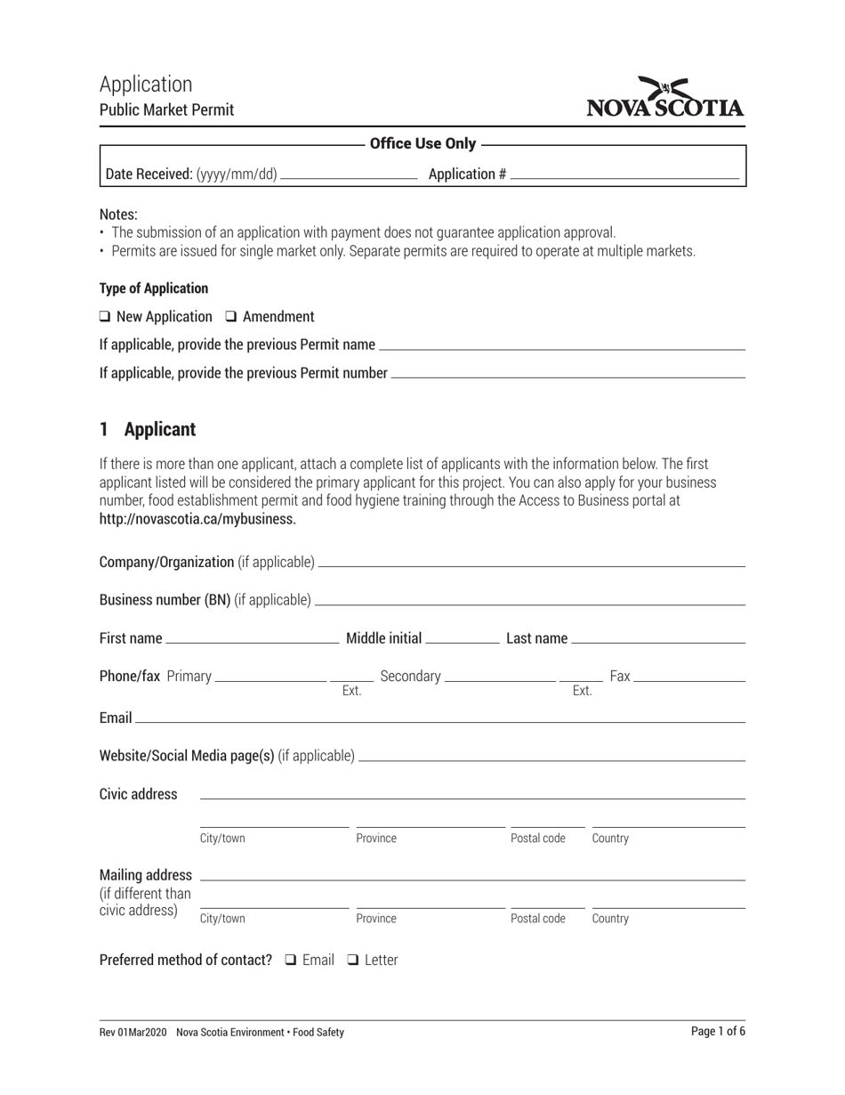Public Market Permit Application - Nova Scotia, Canada, Page 1