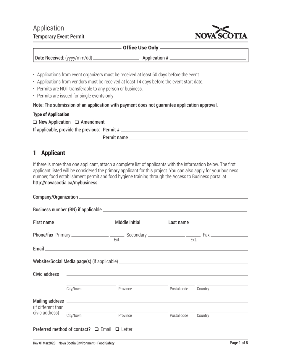 Temporary Event Permit Application - Nova Scotia, Canada, Page 1