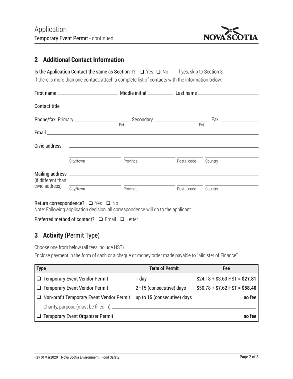 Temporary Event Permit Application - Nova Scotia, Canada, Page 2