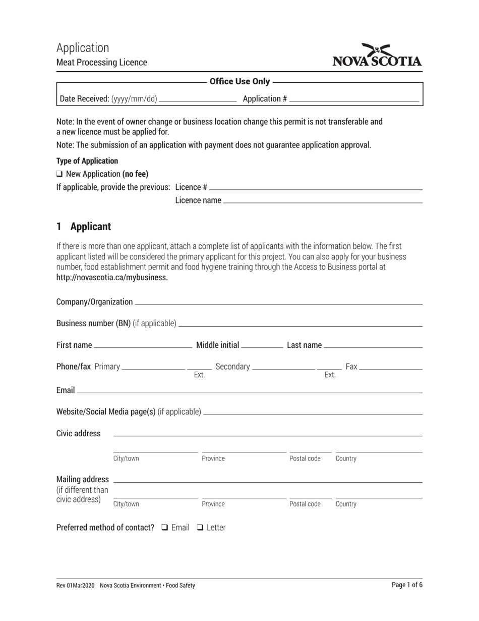 Nova Scotia Canada Meat Processing Licence Application Fill Out, Sign