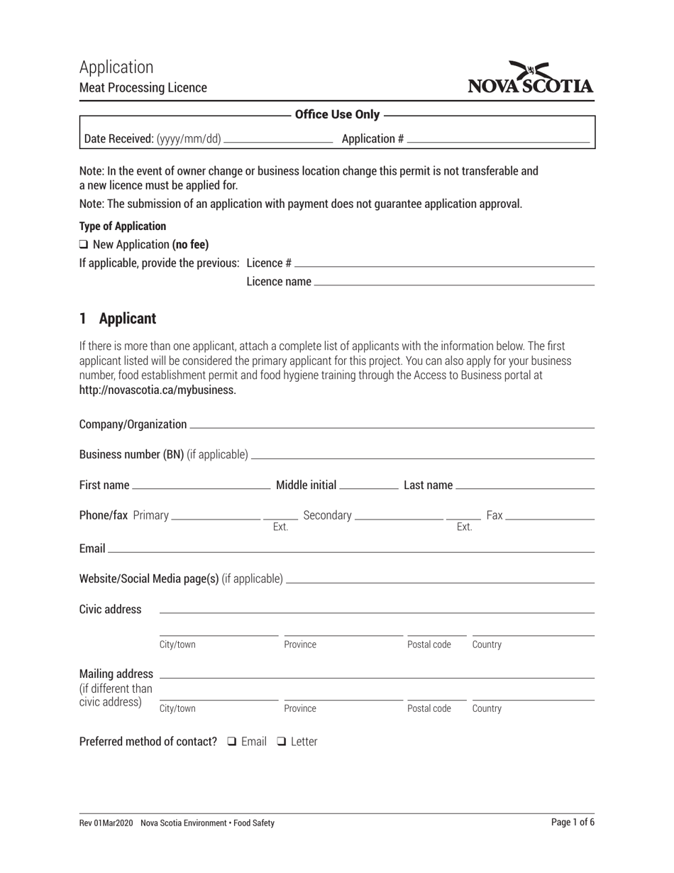 Meat Processing Licence Application - Nova Scotia, Canada, Page 1