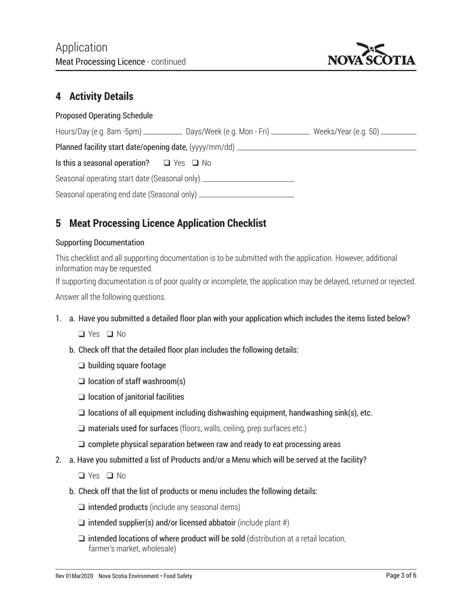 Nova Scotia Canada Meat Processing Licence Application Fill Out, Sign