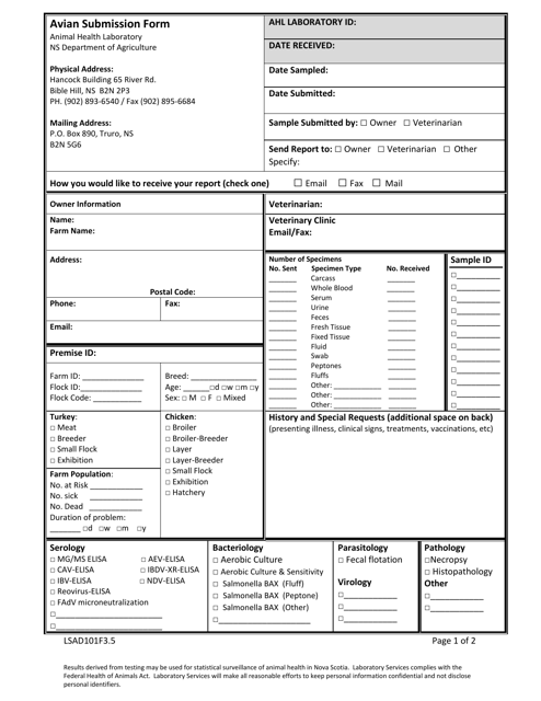 Form LSAD101F3.5 Avian Submission Form - Nova Scotia, Canada