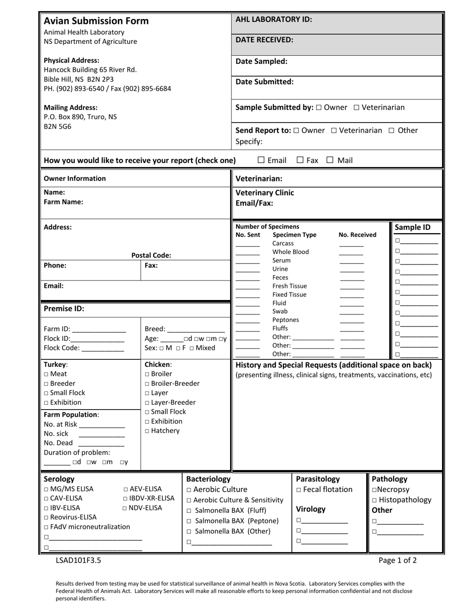Form LSAD101F3.5 Avian Submission Form - Nova Scotia, Canada, Page 1