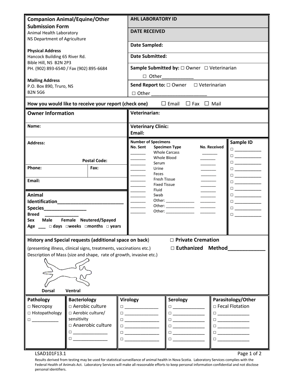 Form LSAD101F13.1 Companion Animal / Equine / Other Submission Form - Nova Scotia, Canada, Page 1