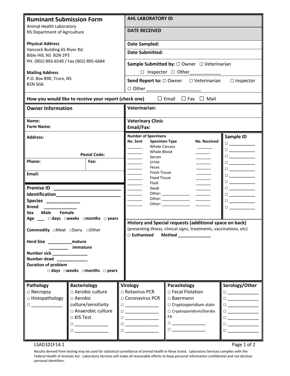 Form LSAD101F14.1 Ruminant Submission Form - Nova Scotia, Canada, Page 1
