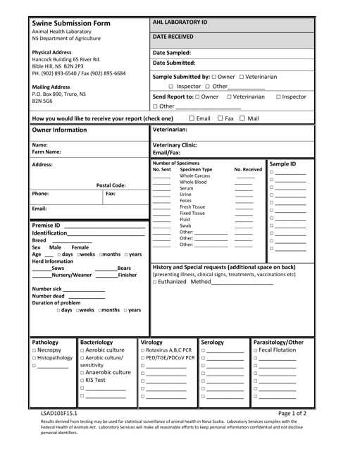 Form LSAD101F15.1 Swine Submission Form - Nova Scotia, Canada