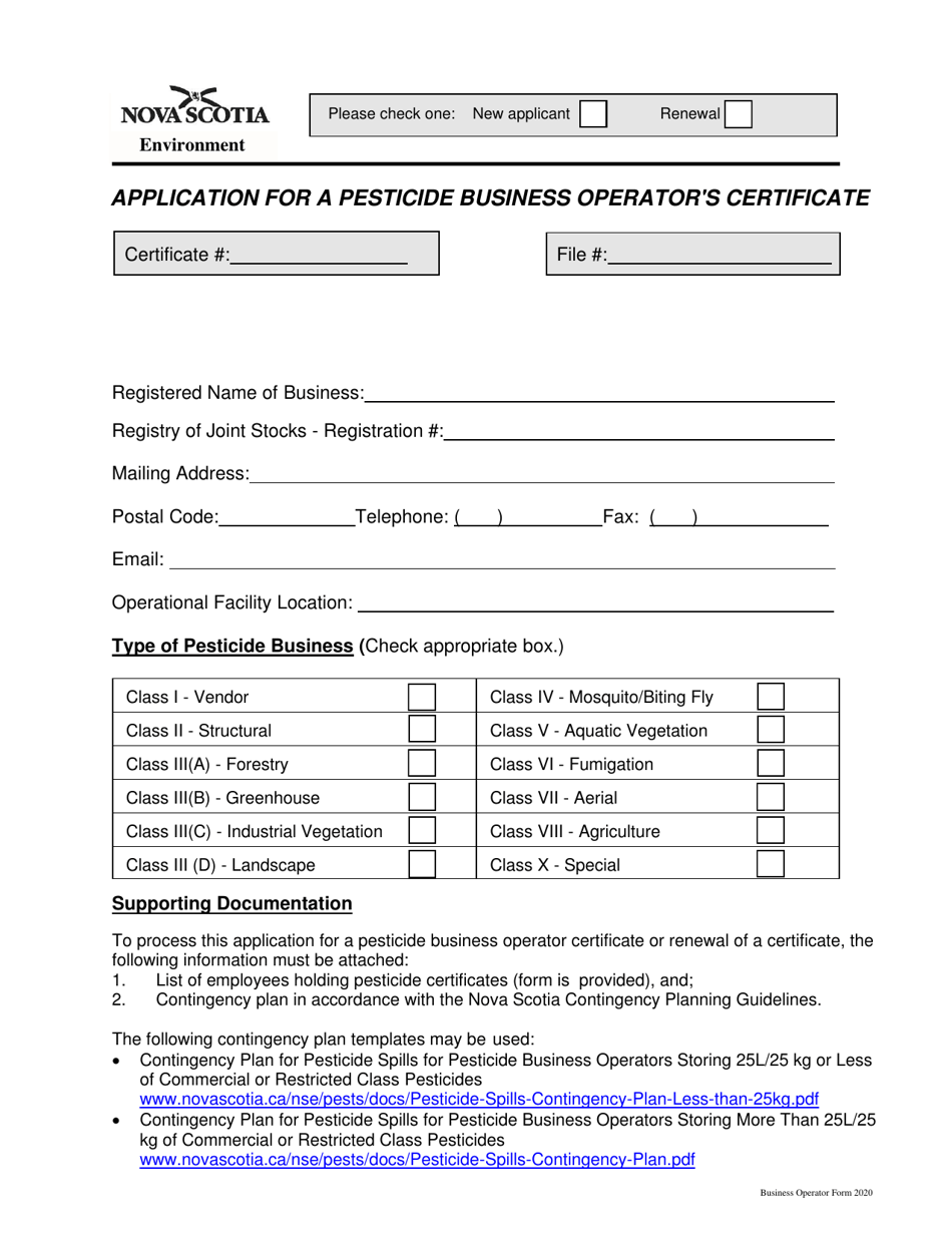 Nova Scotia Canada Application for a Pesticide Business Operator's
