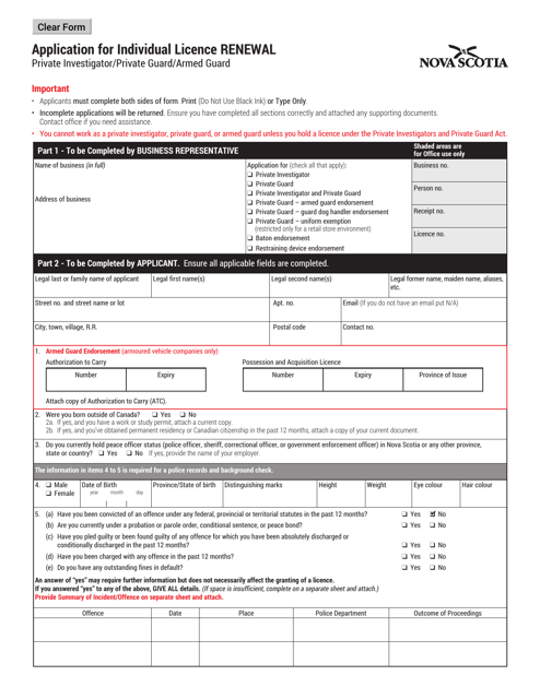 Form 4 Application for Individual Licence Renewal - Nova Scotia, Canada