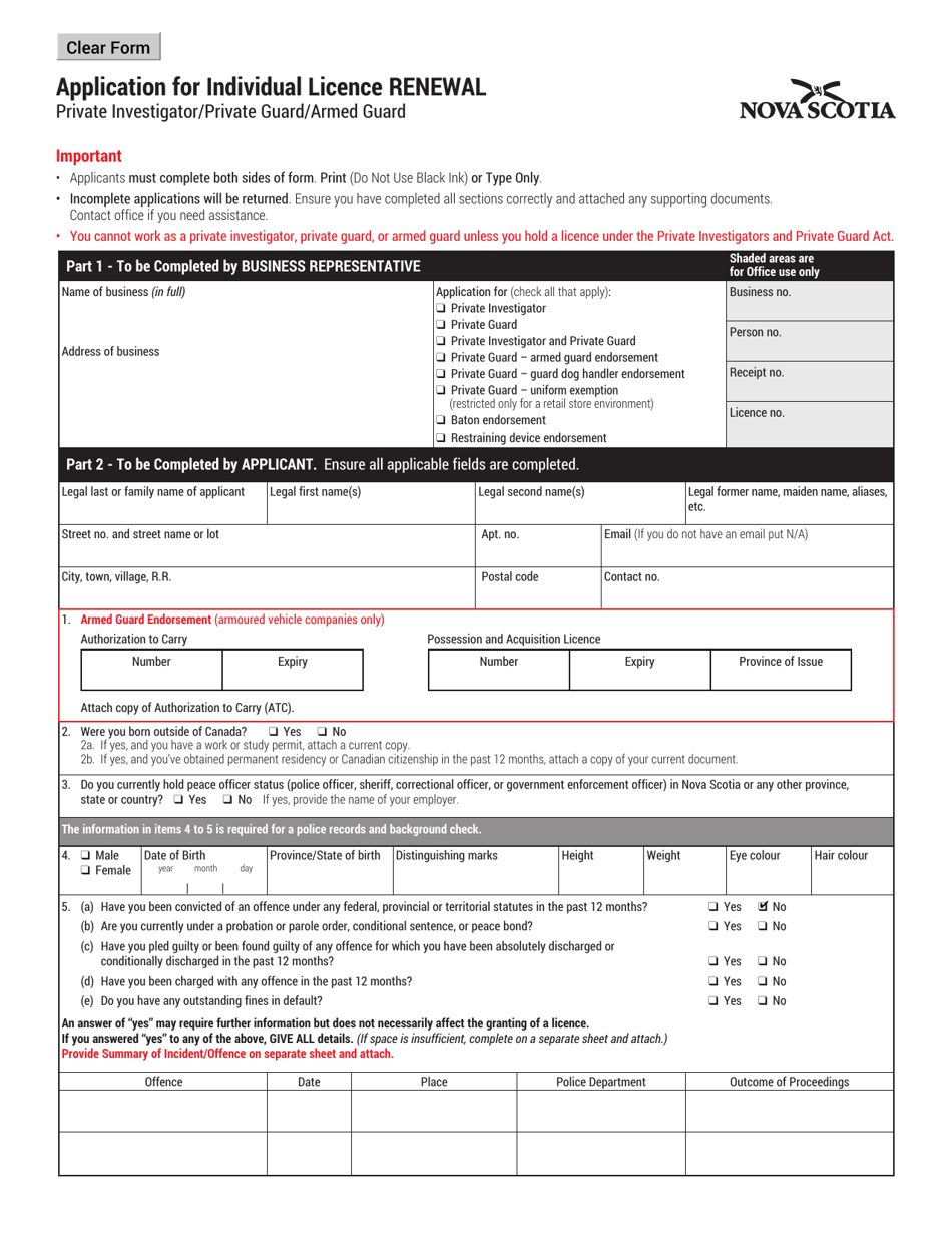 Form 4 Application for Individual Licence Renewal - Nova Scotia, Canada, Page 1
