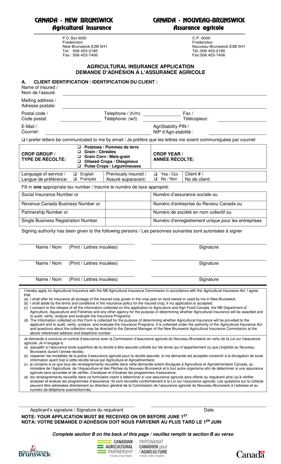 New Brunswick Canada Agricultural Insurance Application Download