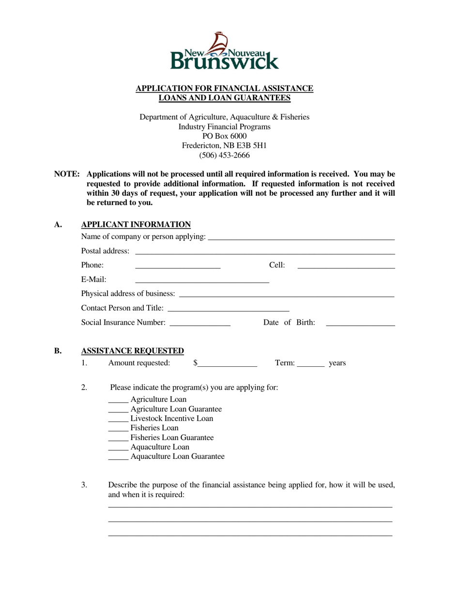 Application for Financial Assistance Loans and Loan Guarantees - New Brunswick, Canada, Page 1
