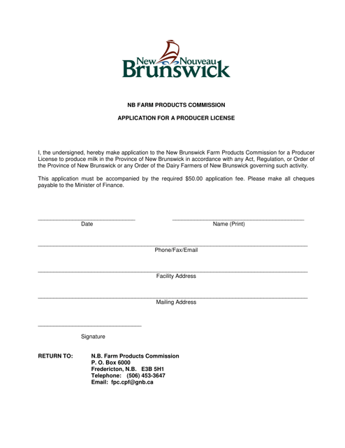 Application for a Producer License - New Brunswick, Canada Download Pdf