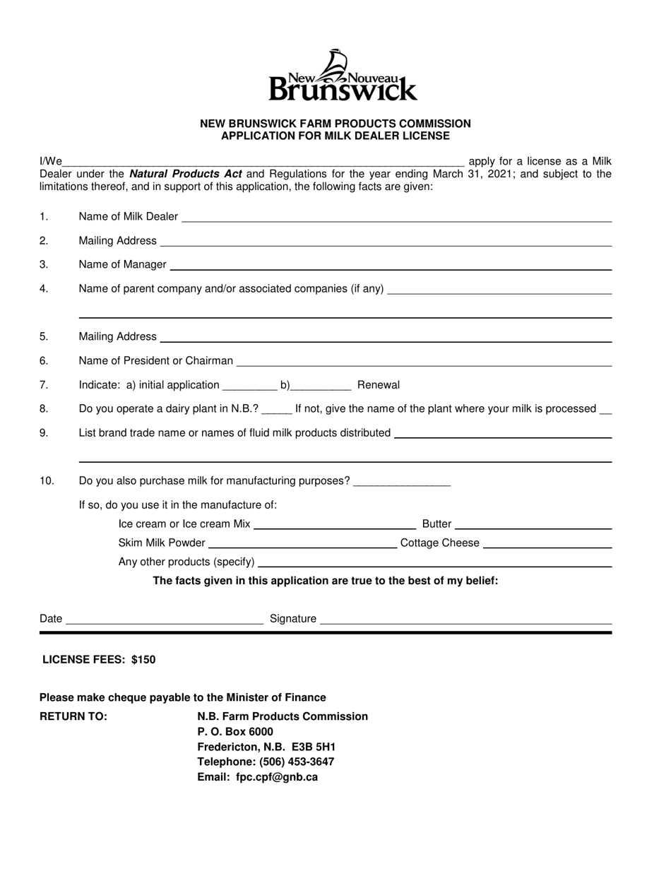 Application for Milk Dealer License - New Brunswick, Canada, Page 1