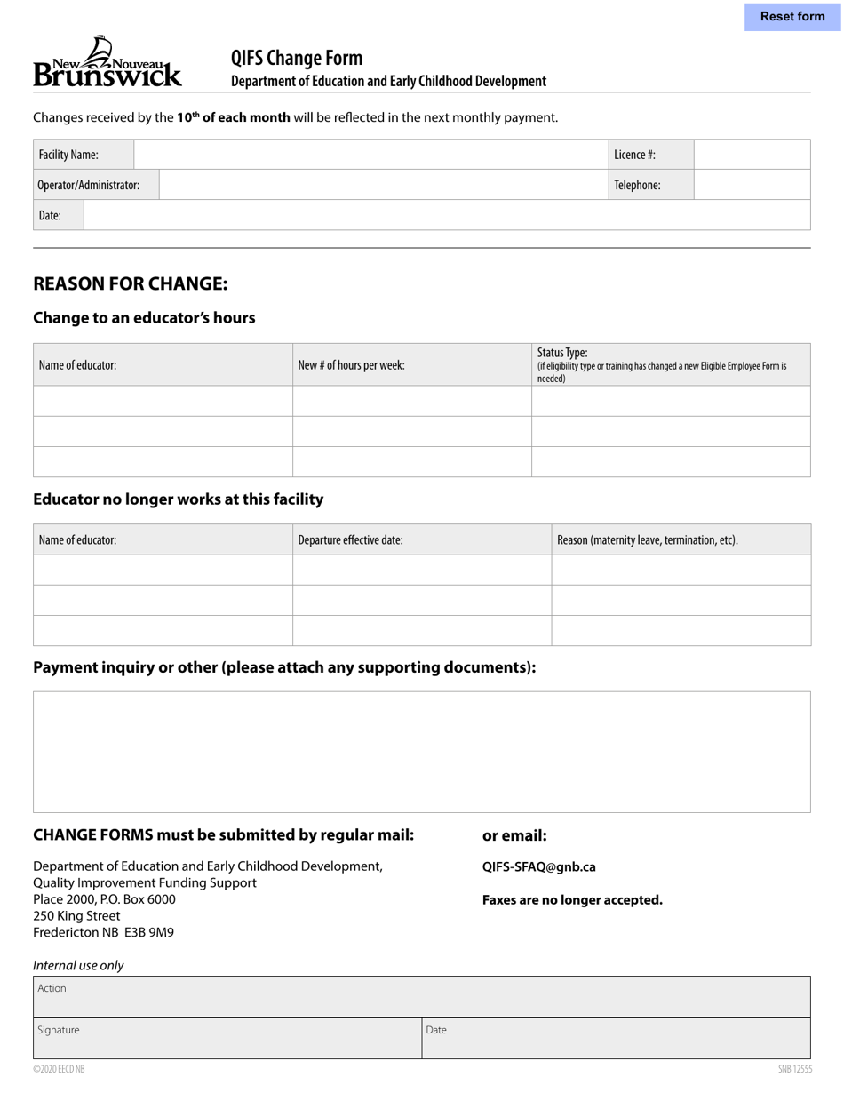 Form SNB12555 Qifs Change Form - New Brunswick, Canada, Page 1