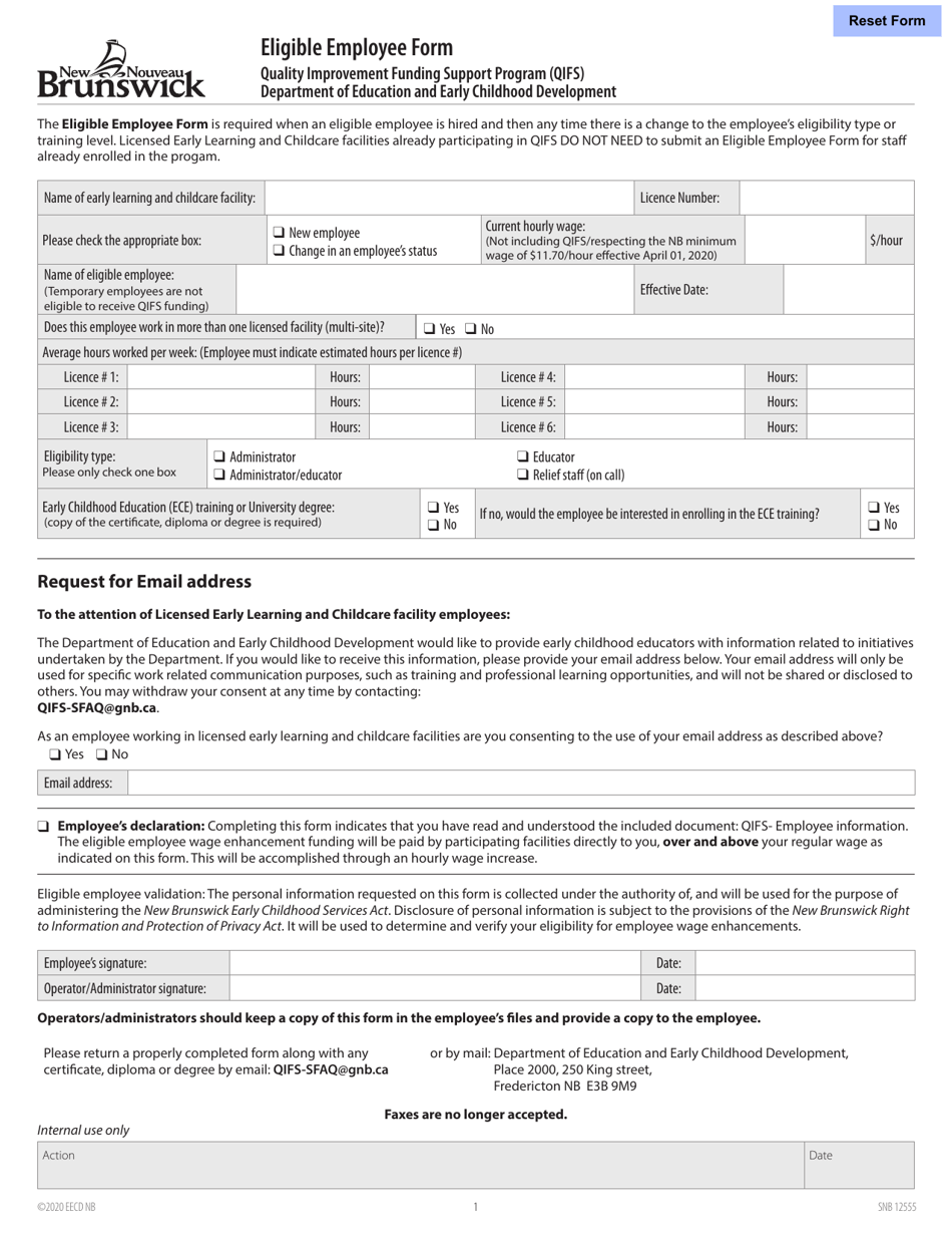 Form SNB12555 Quality Improvement Funding Support Program (Qifs) Eligible Employee Form - New Brunswick, Canada, Page 1