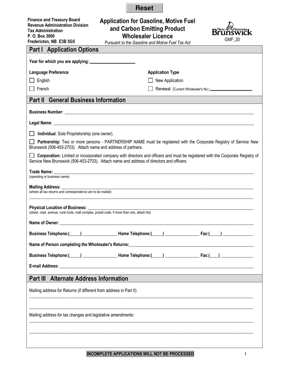 Form GMF_20 Application for Gasoline, Motive Fuel and Carbon Emitting Product Wholesaler Licence - New Brunswick, Canada, Page 1
