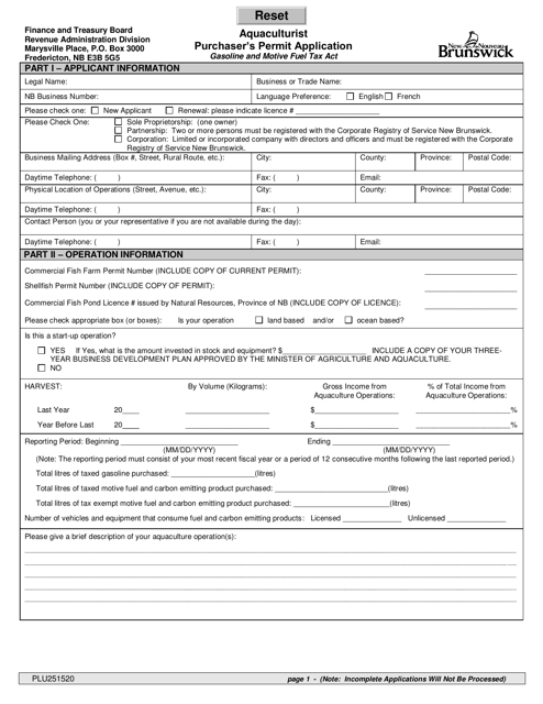 Form PLU251520 Aquaculturist Purchaser's Permit Application - New Brunswick, Canada