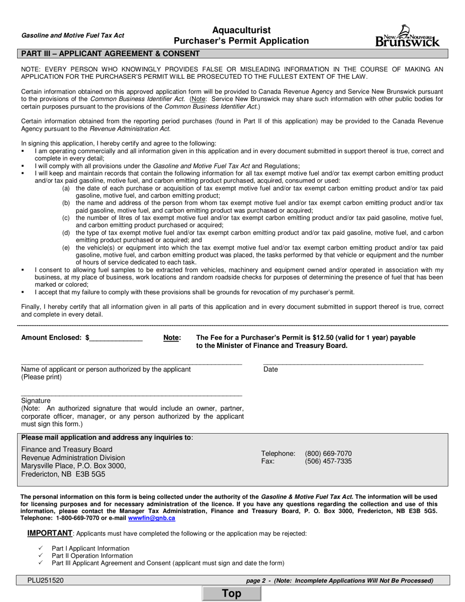 Form PLU251520 Aquaculturist Purchasers Permit Application - New Brunswick, Canada, Page 2