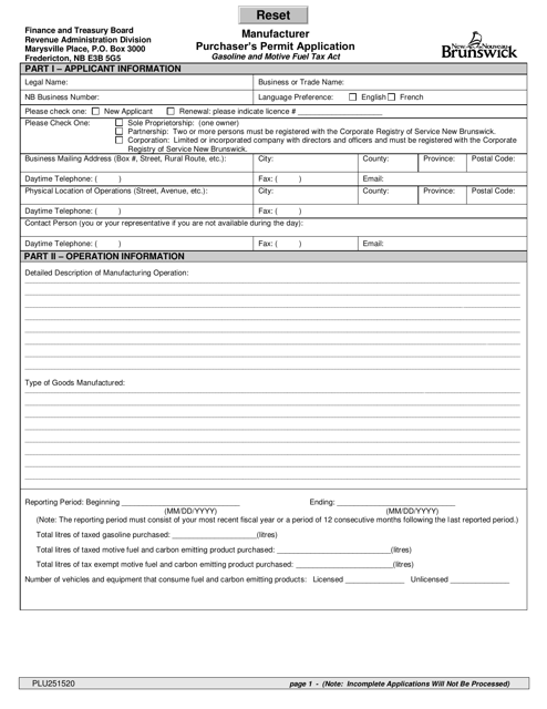 Form PLU251520 Manufacturer Purchaser's Permit Application - New Brunswick, Canada