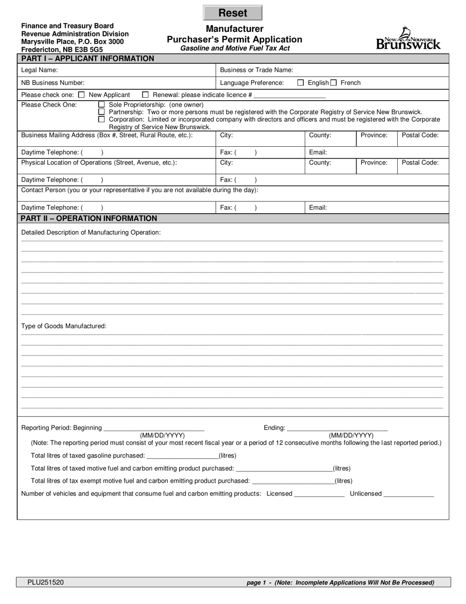 Form PLU251520 Manufacturer Purchasers Permit Application - New Brunswick, Canada, Page 1