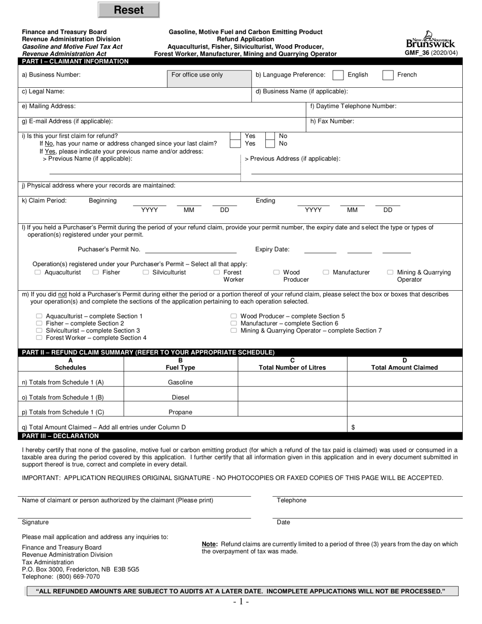 Form GMF_36 Gasoline, Motive Fuel and Carbon Emitting Product Refund Application - New Brunswick, Canada, Page 1