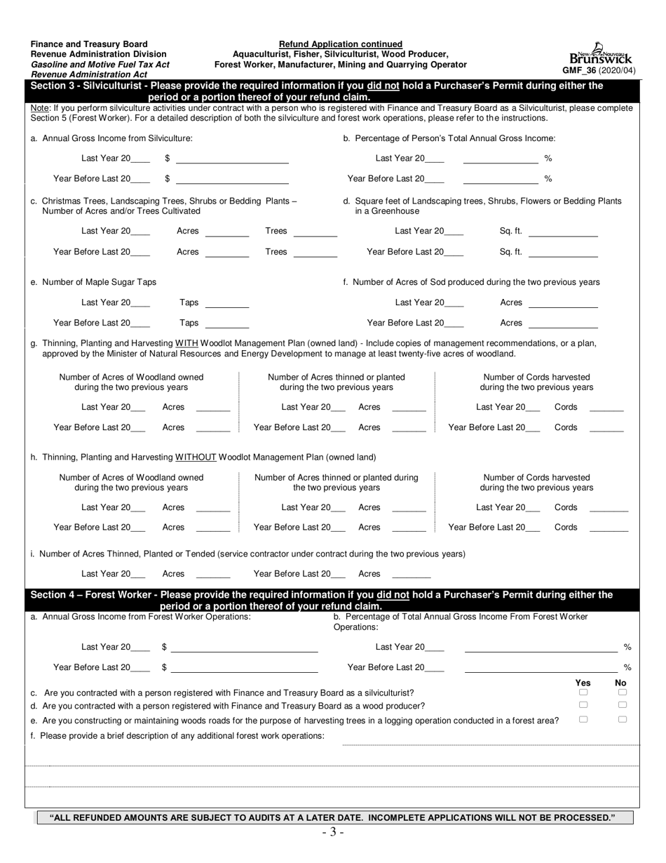 Form GMF_36 Gasoline, Motive Fuel and Carbon Emitting Product Refund Application - New Brunswick, Canada, Page 3