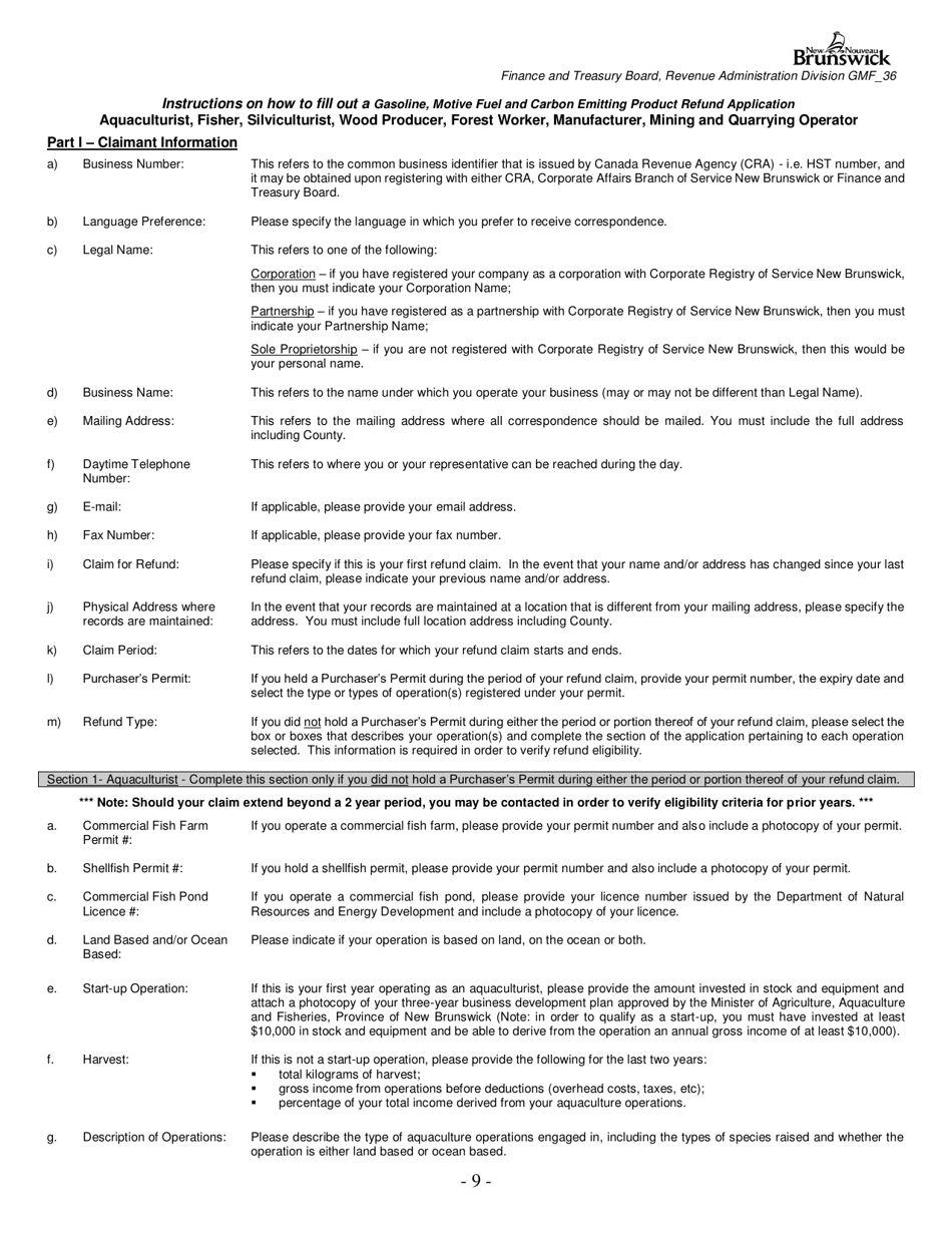 Form GMF_36 Gasoline, Motive Fuel and Carbon Emitting Product Refund Application - New Brunswick, Canada, Page 9