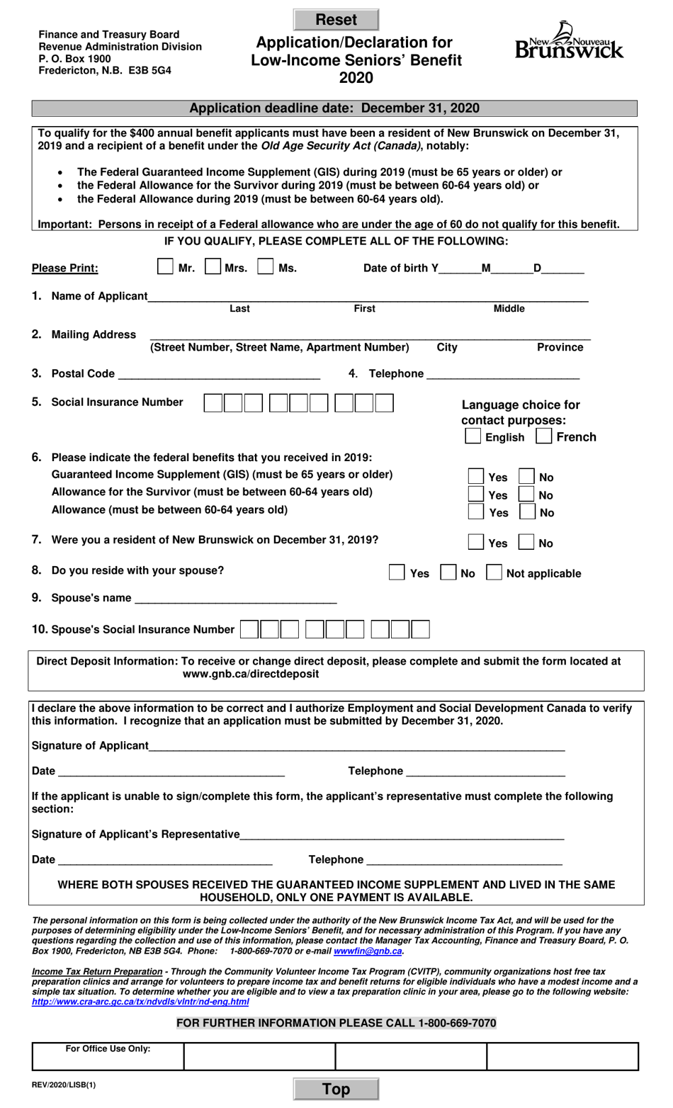 Application / Declaration for Low-Income Seniors Benefit - New Brunswick, Canada, Page 1