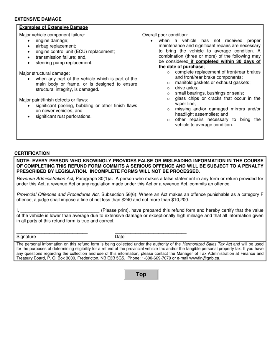 Form PVT_16 Application for Refund of Provincial Vehicle Tax (Pvt) for Extensively Damaged or Exceptionally High Mileage Motor Vehicles and off-Road Vehicles - New Brunswick, Canada, Page 2