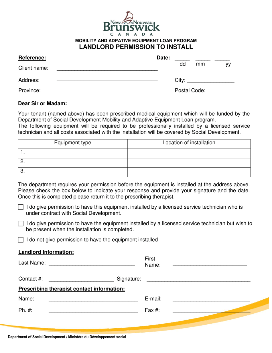 Mobility and Adaptive Equipment Loan Program Landlord Permission to Install - New Brunswick, Canada, Page 1