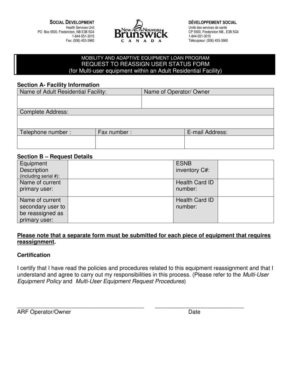 Mobility and Adaptive Equipment Loan Program Request to Reassign User Status Form (For Multi-User Equipment Within an Adult Residential Facility) - New Brunswick, Canada, Page 1